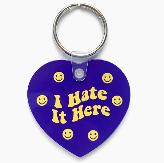 I Hate It Here Purple Happy Face Heart Shaped Vinyl Keychain