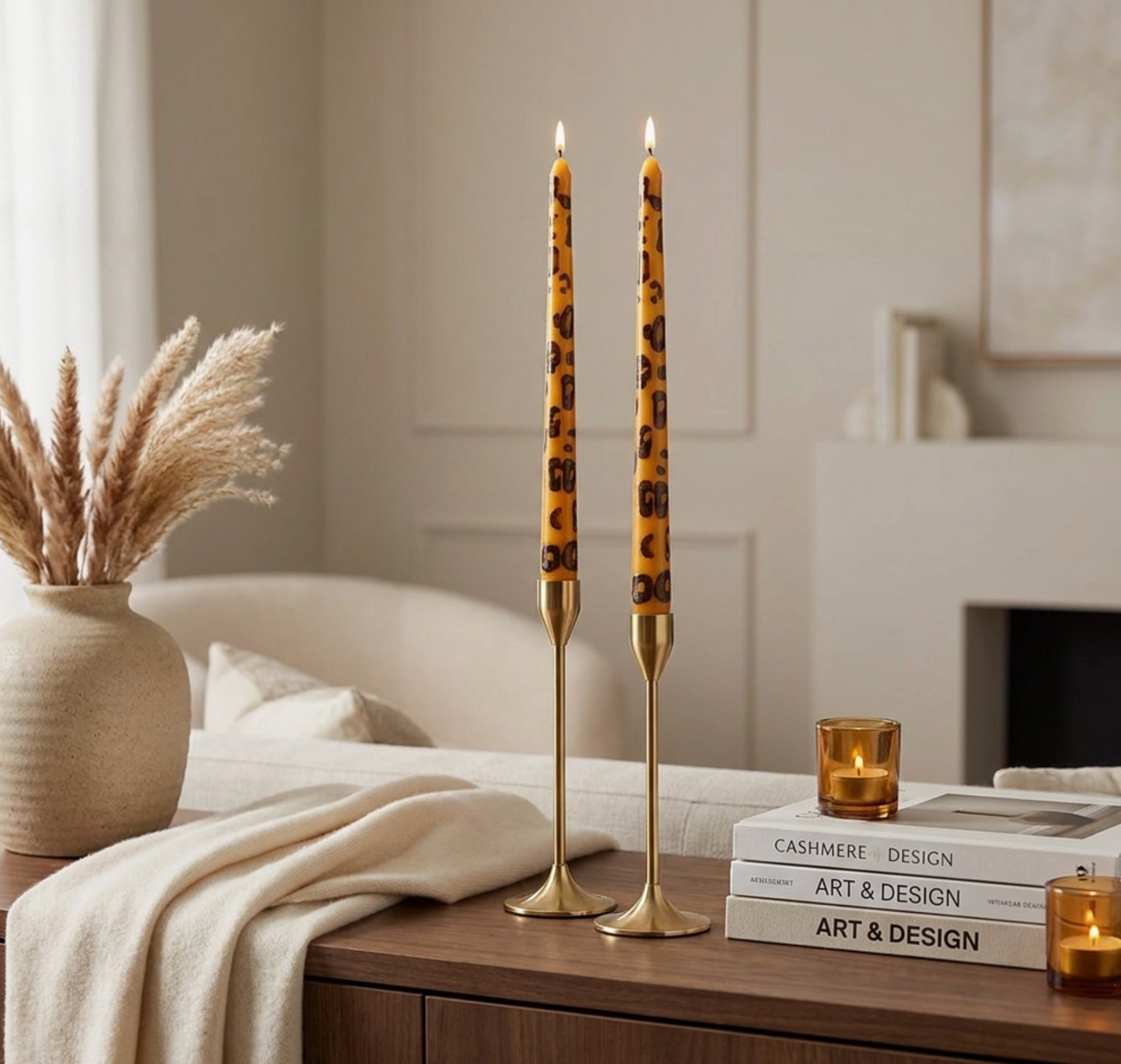 Hand Painted Brown Leopard Taper Candles Set