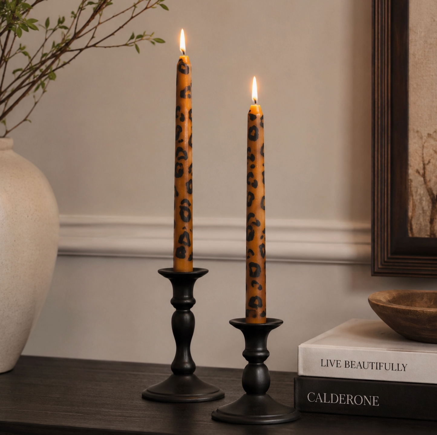 Hand Painted Brown Leopard Taper Candles Set