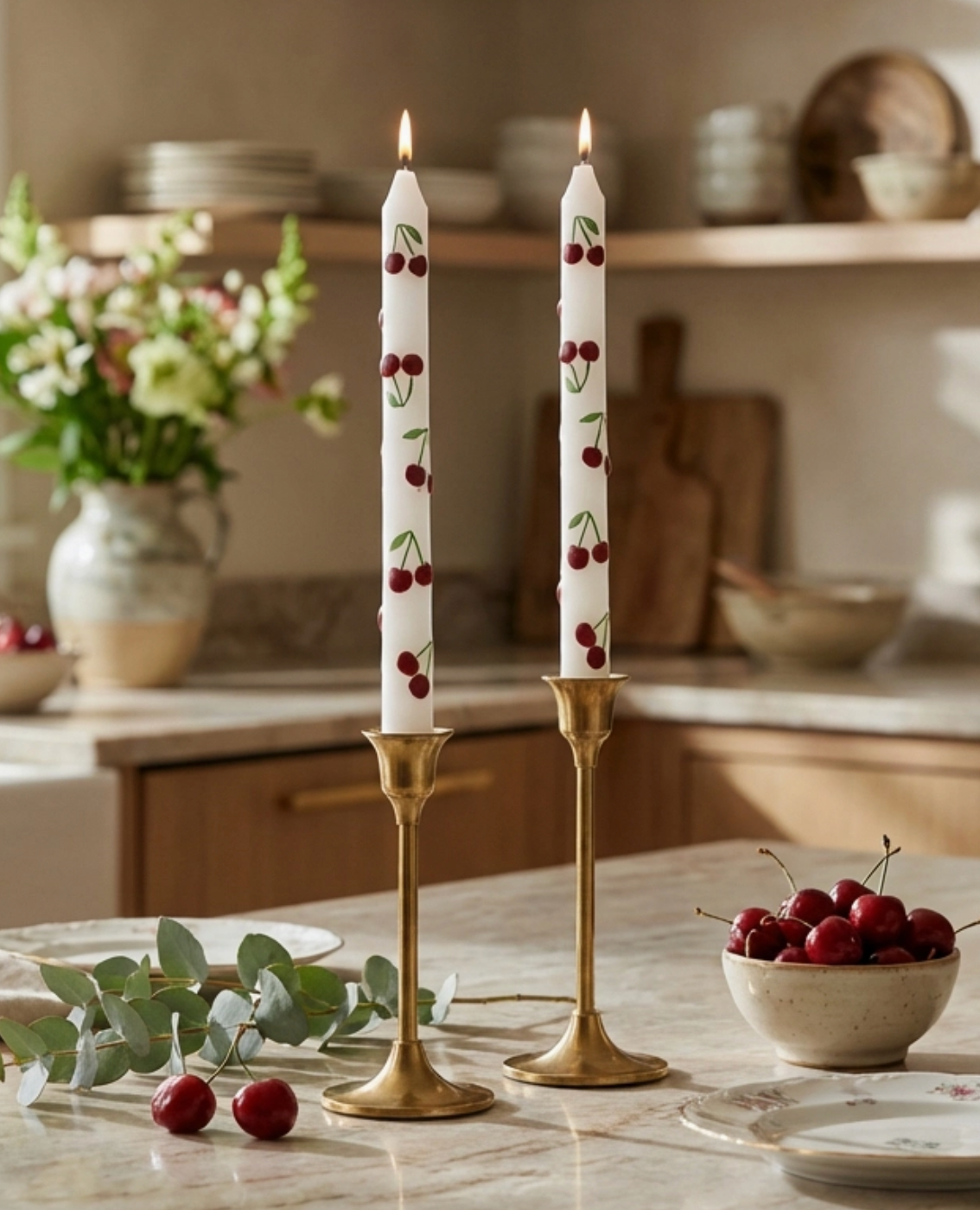 Hand-Painted Cherry Taper Candles Set