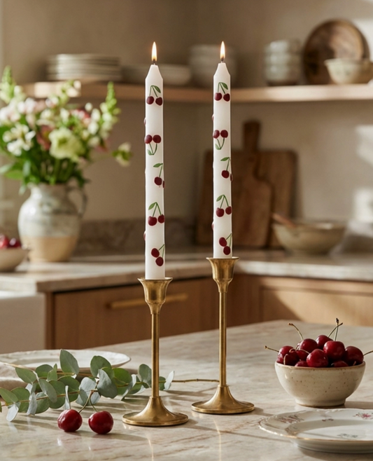 Hand-Painted Cherry Taper Candles Set