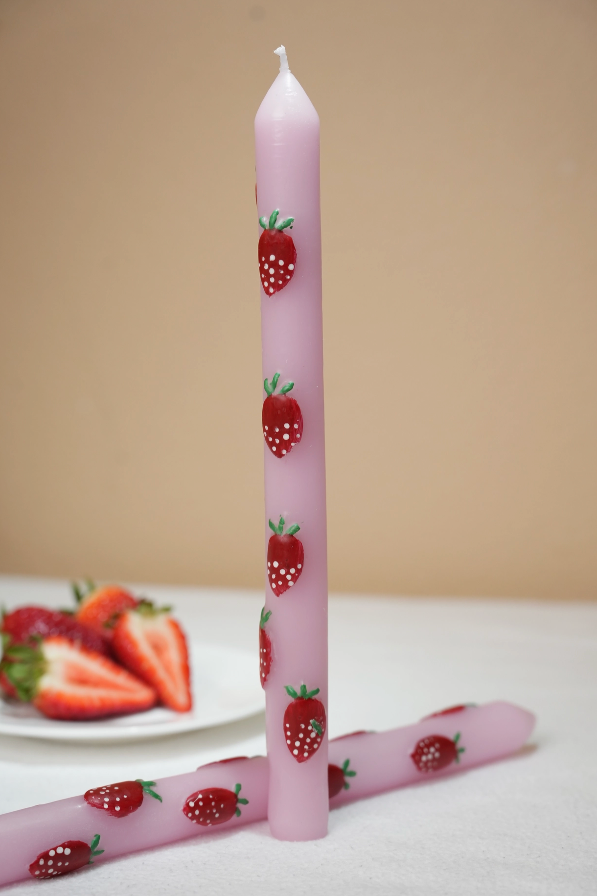 Hand-Painted Strawberry Taper Candle Set